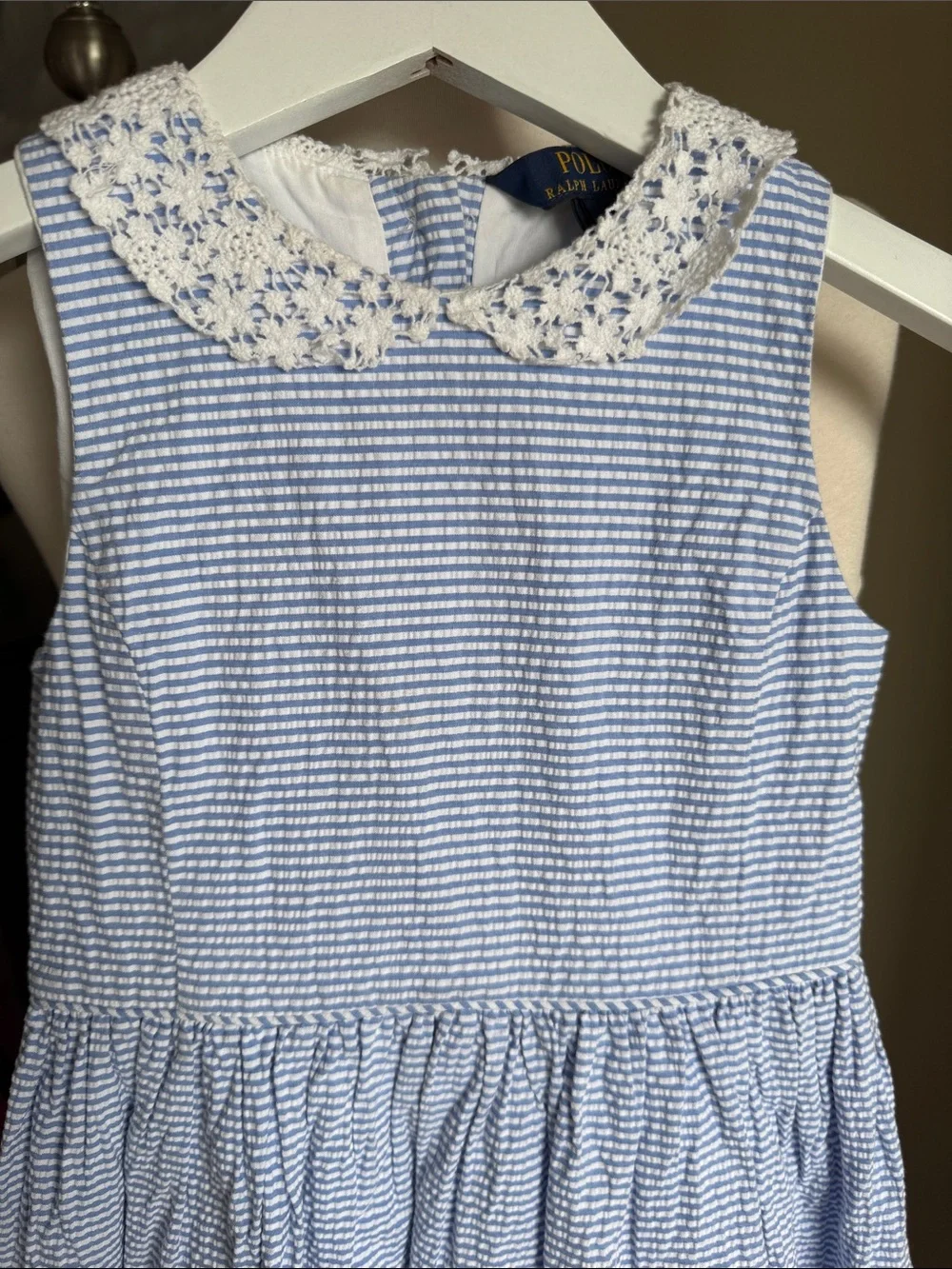 Polo Ralph Lauren Blue and White Seersucker Dress, Lace Collar girls size 6